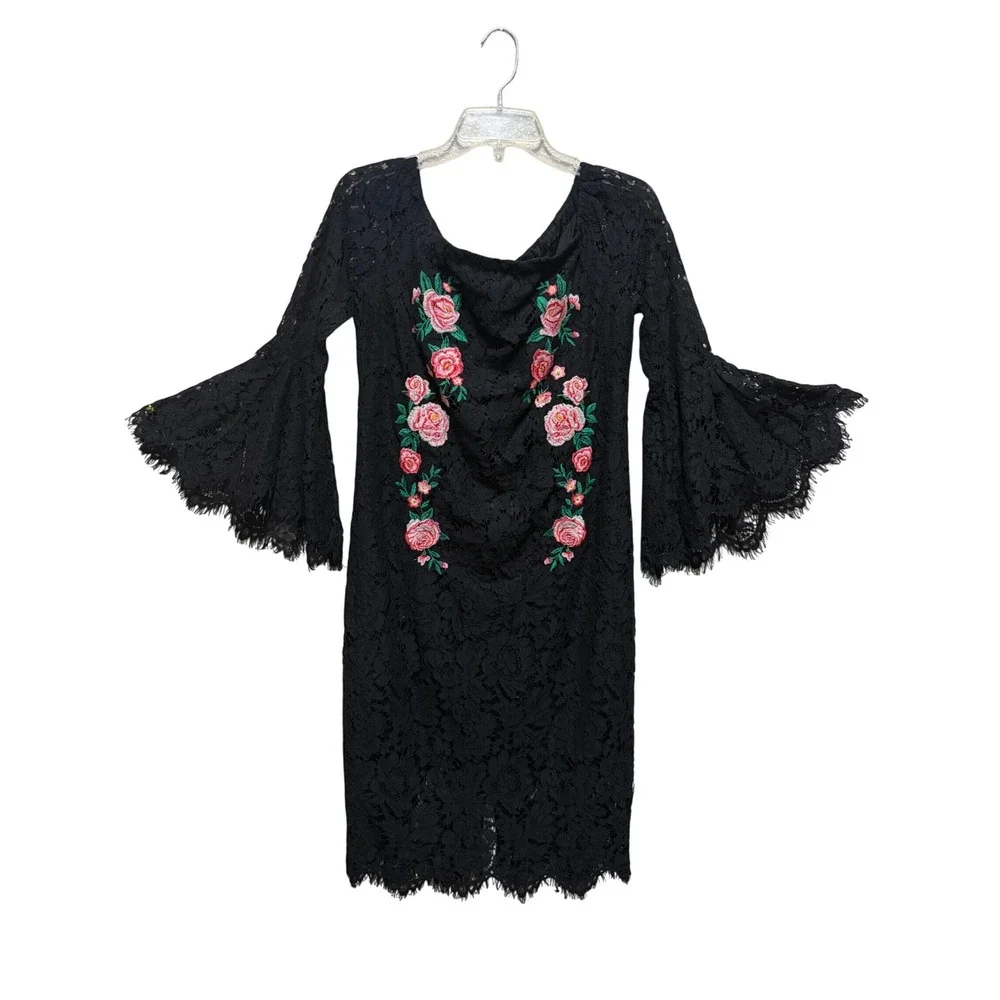 Umgee USA Black Lace Floral Embroidered Bell Sleeve Sheath Dress L5047 Large